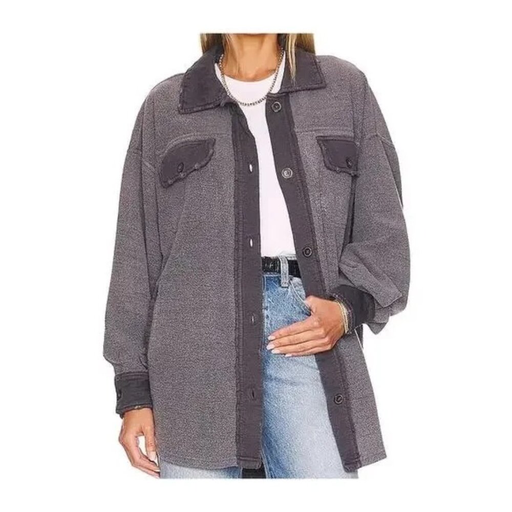 Free People Women's Black Gray Ruby Fleece Shirt Jacket Size XS